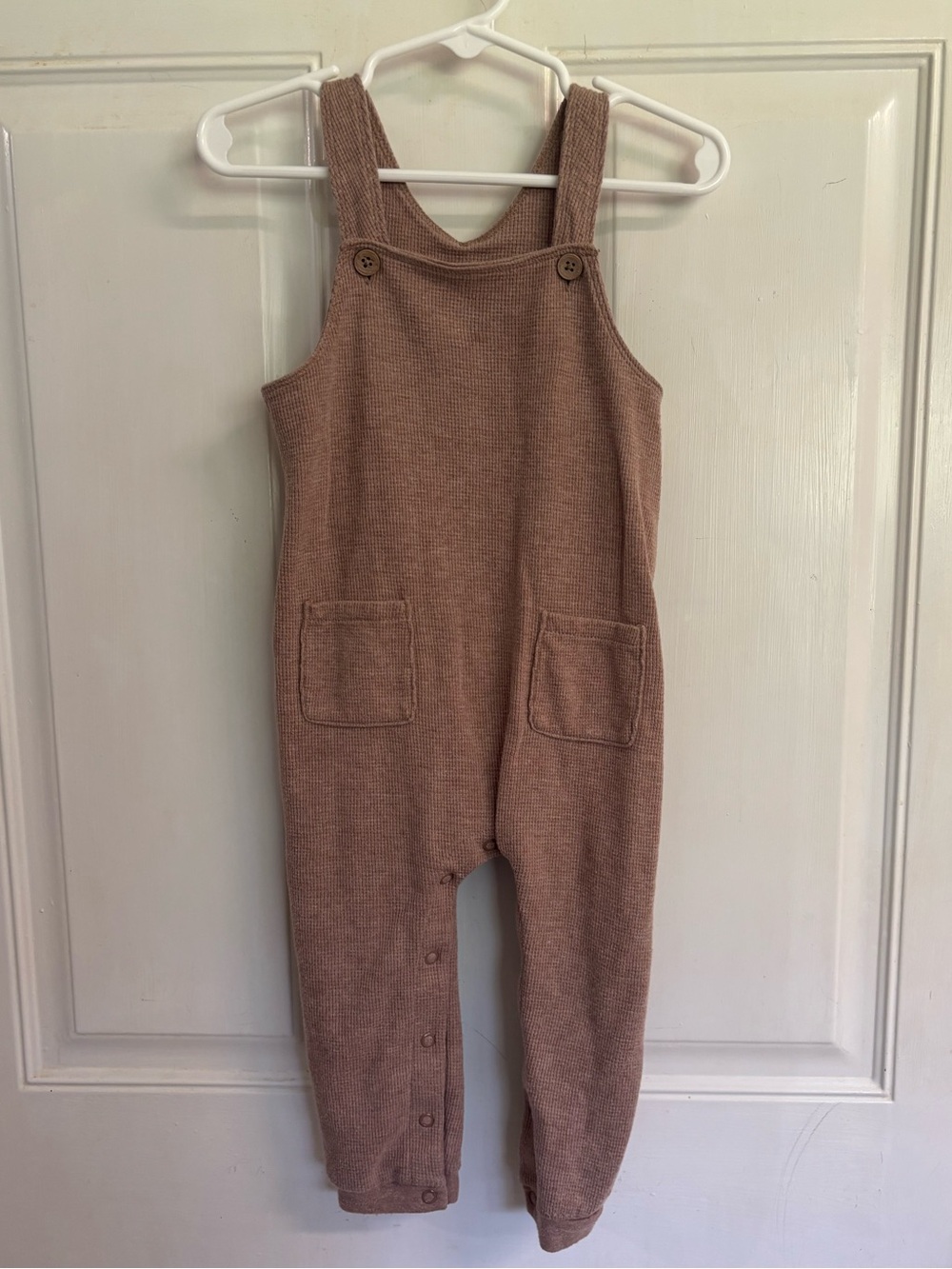 18M Carter's dark beige waffle-knit sleeveless button straps long overalls.  EUC